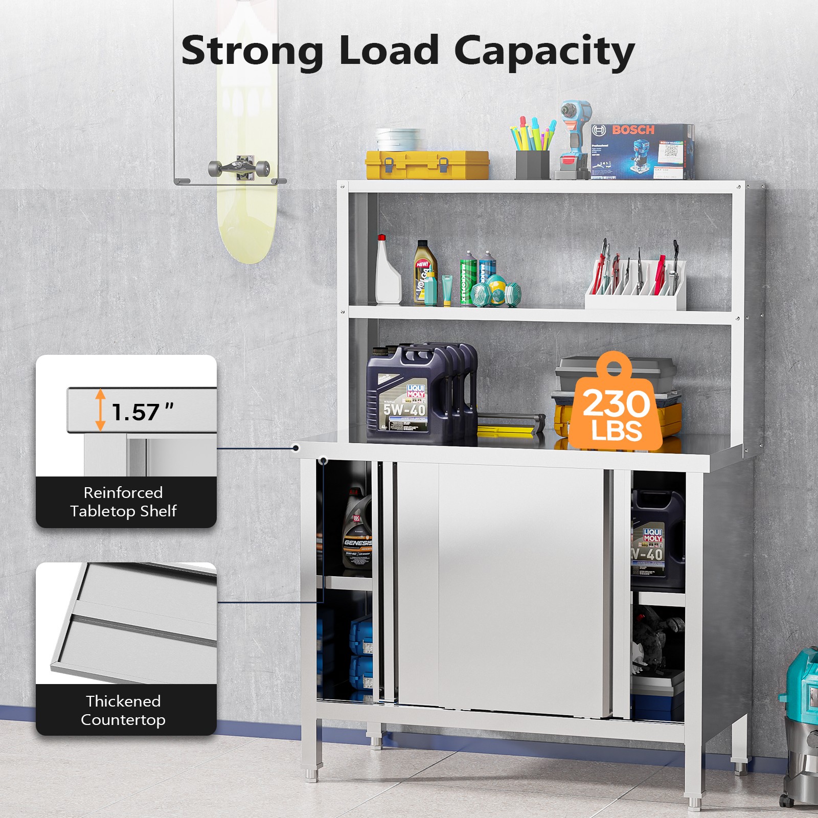 Stainless Steel Kitchen Prep Table with Cabinet & Adjustable Feet 230lb Capacity