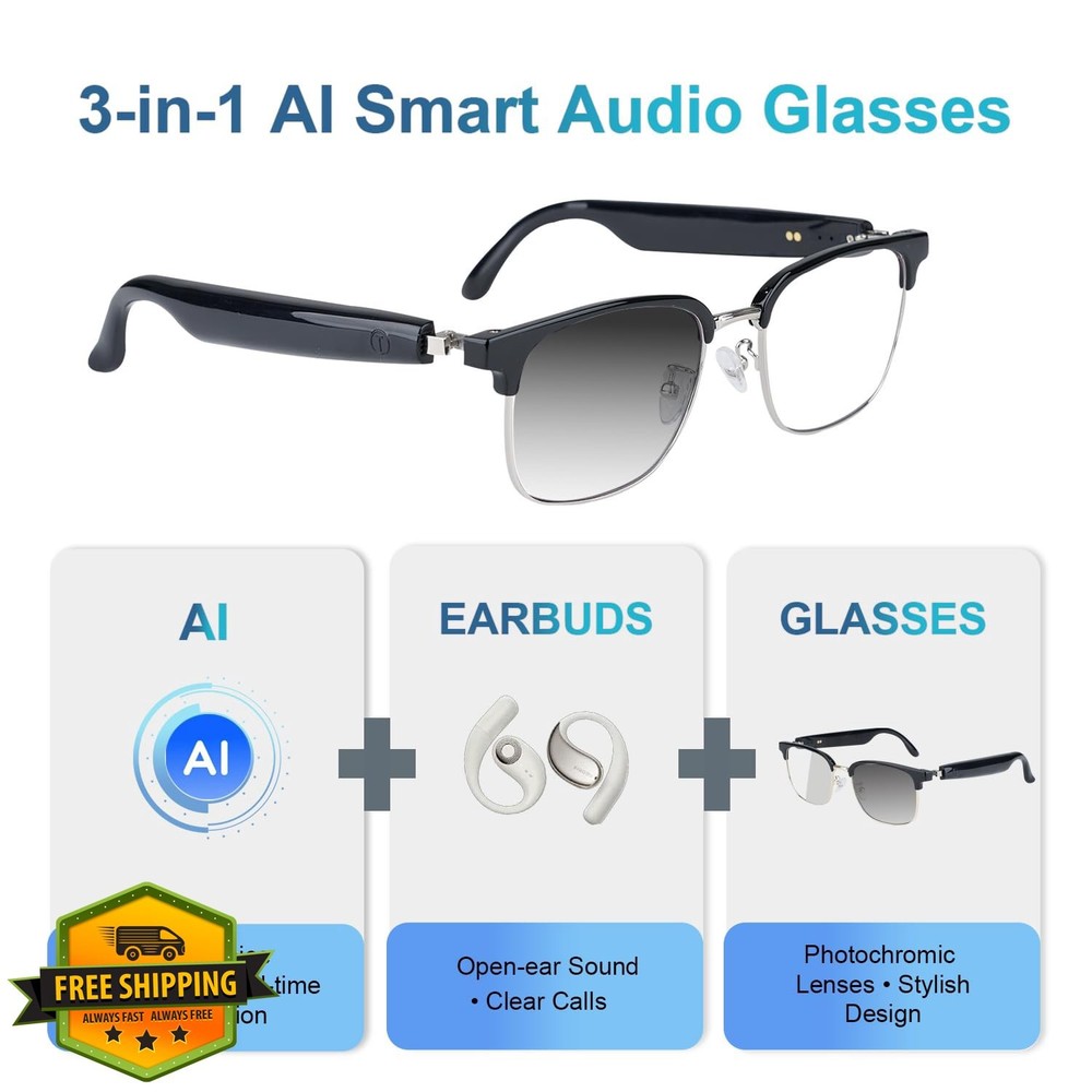 AI Bluetooth Glasses Real-Time Translator Silver