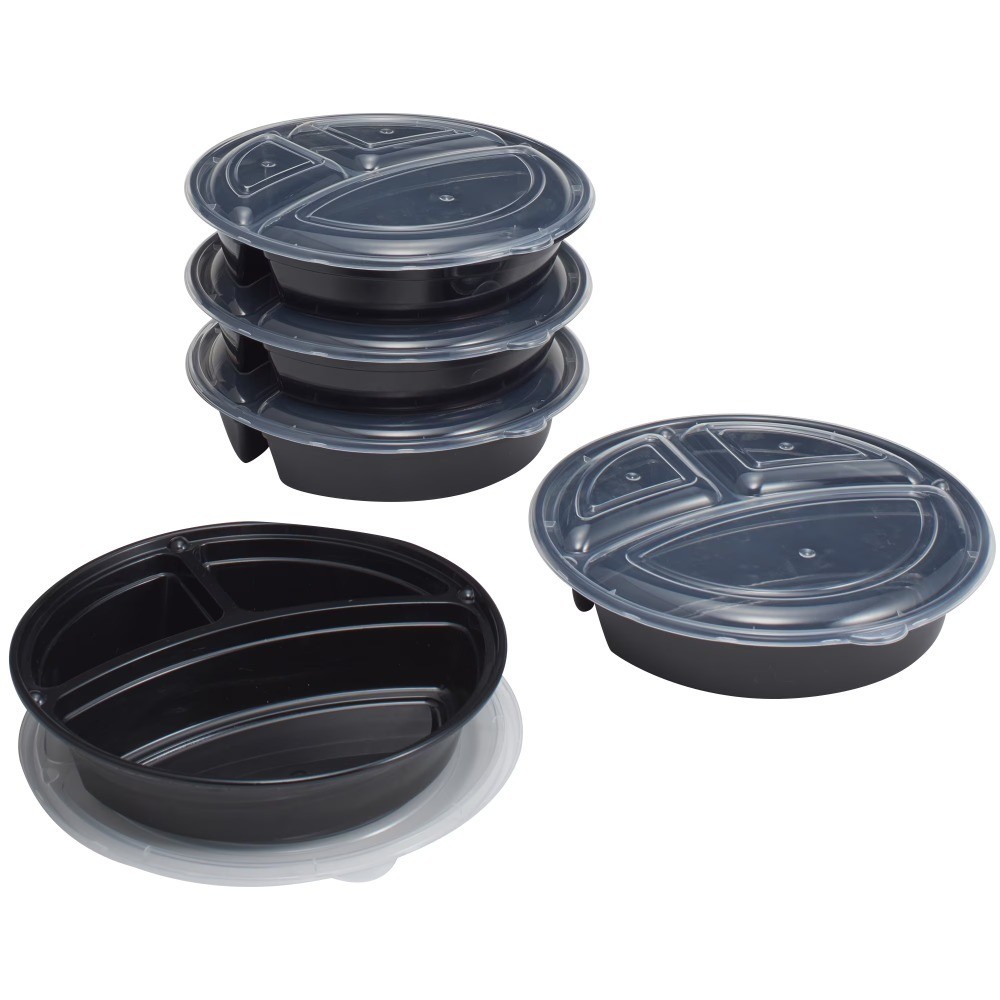 5-Pack Round Meal Prep Containers with 3 Compartments and Lids, 1L, ,