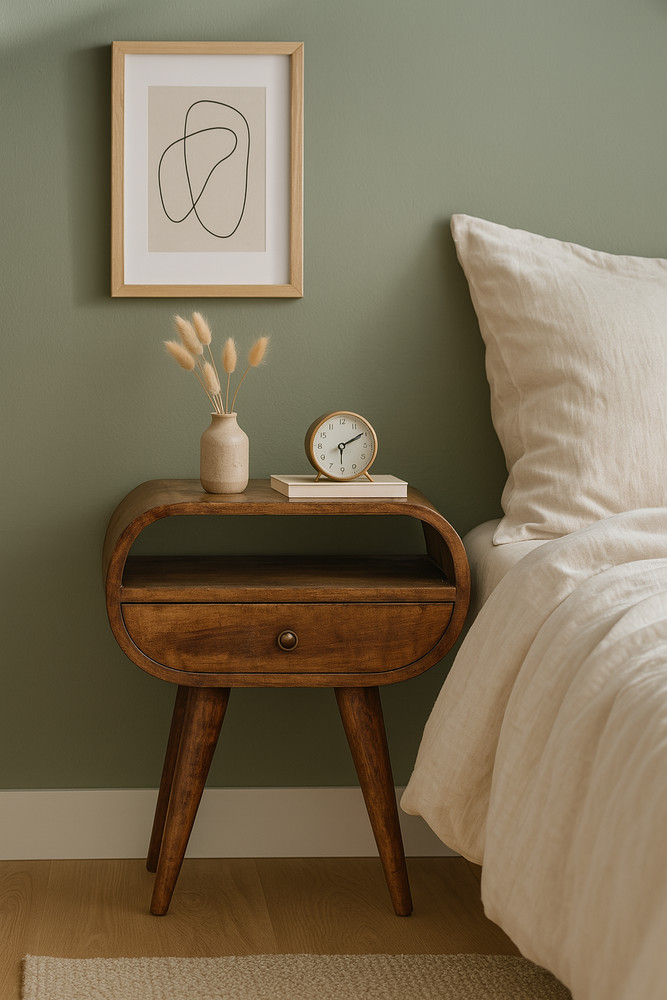 Chestnut Solid Wood Nightstand, Circular Open Bedside Table, 1 Drawer, Mango