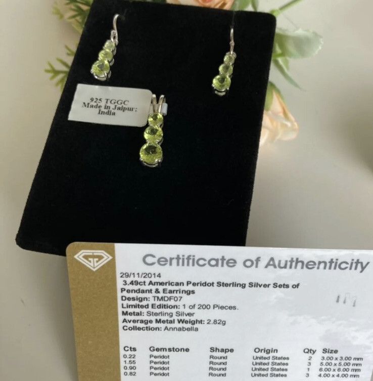 CERTIFIED NATURAL PERIDOT PENDANT & EARRINGS SOLID 925 STERLING SILVER SET