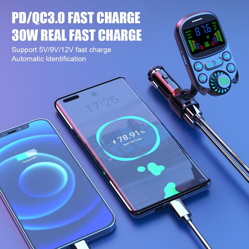 Bluetooth5.3 Car FM Transmitter MP3 Player Radio Adapter 30W PD USB Fast Charger