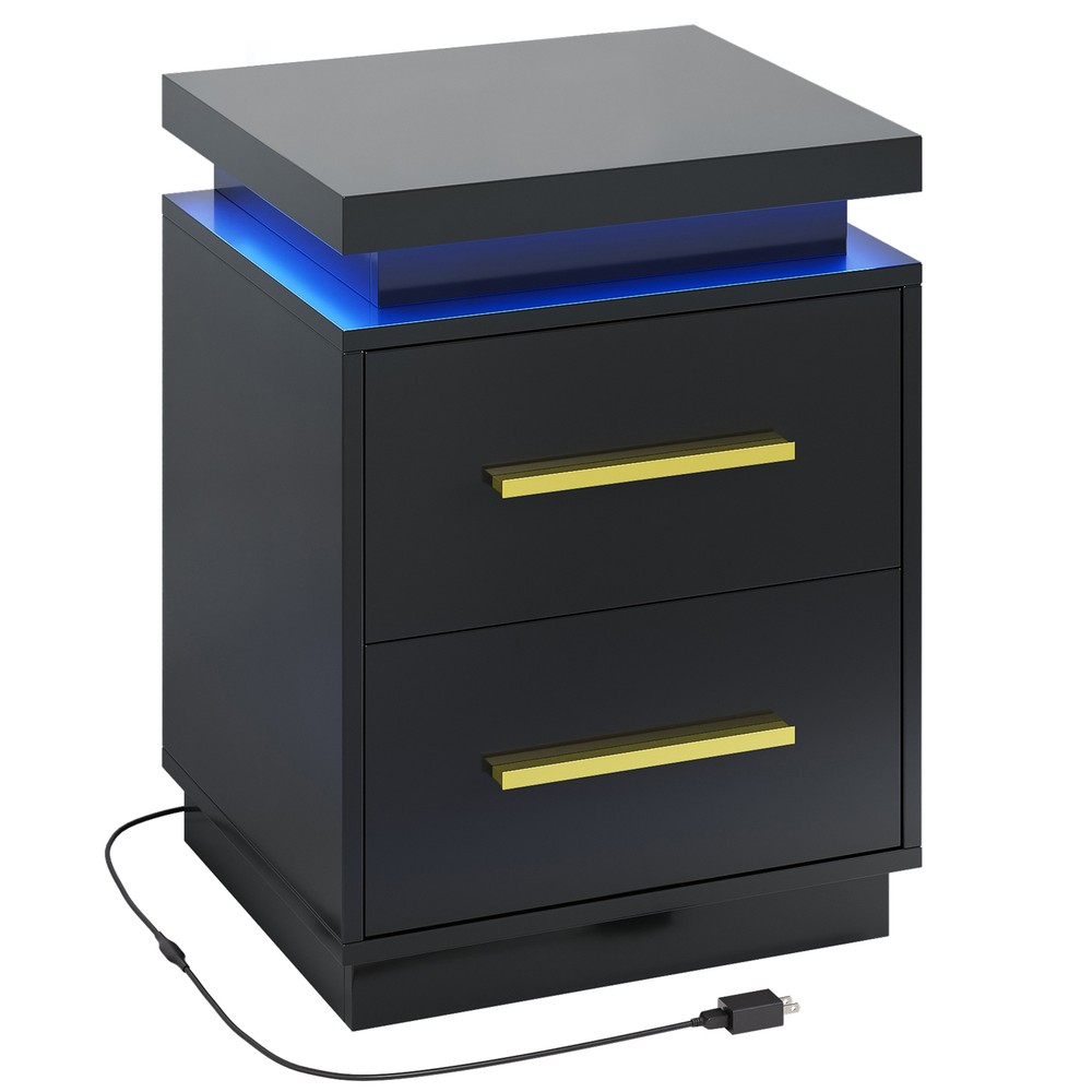 1/ 2 PCs End Table, Nightstand with RF Remote-Controlled LED Lights, Drawers