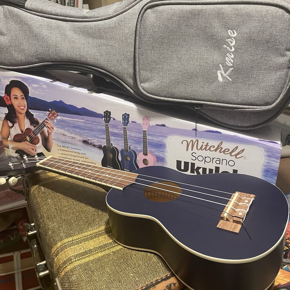 Mitchell MU40DB 4-String Soprano Ukulele - Blue Navy Extra Padded Bag Case New