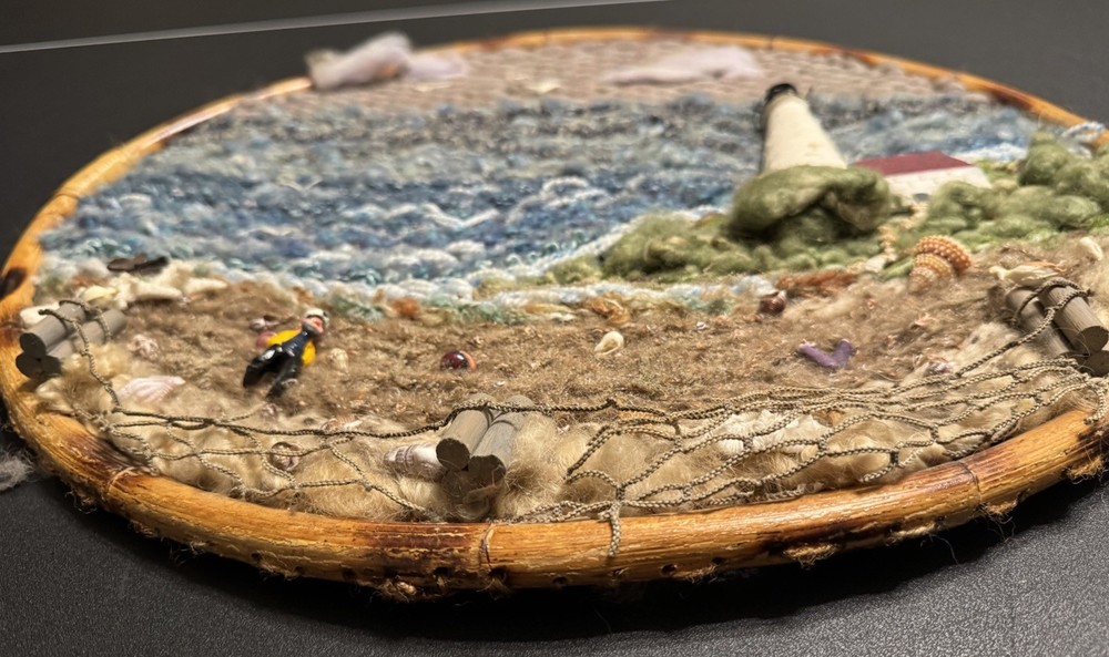 Vtg 80s Lighthouse Shell Mixed Media Artwork Nautical Beach Wool Yarn Shell