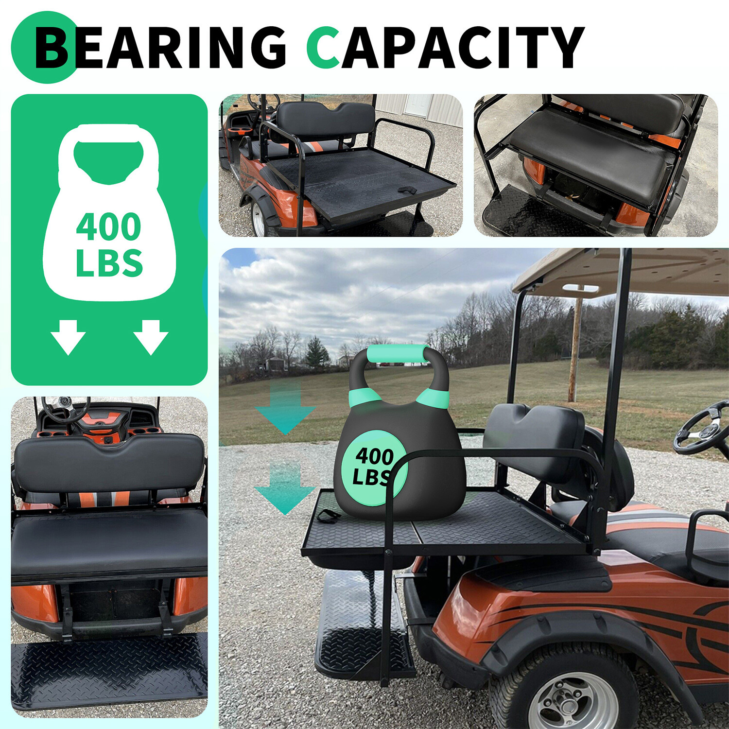 Golf Cart Flip Folding Rear Back Seat Kit w/ Roof Support For EZGO TXT 1995-UP