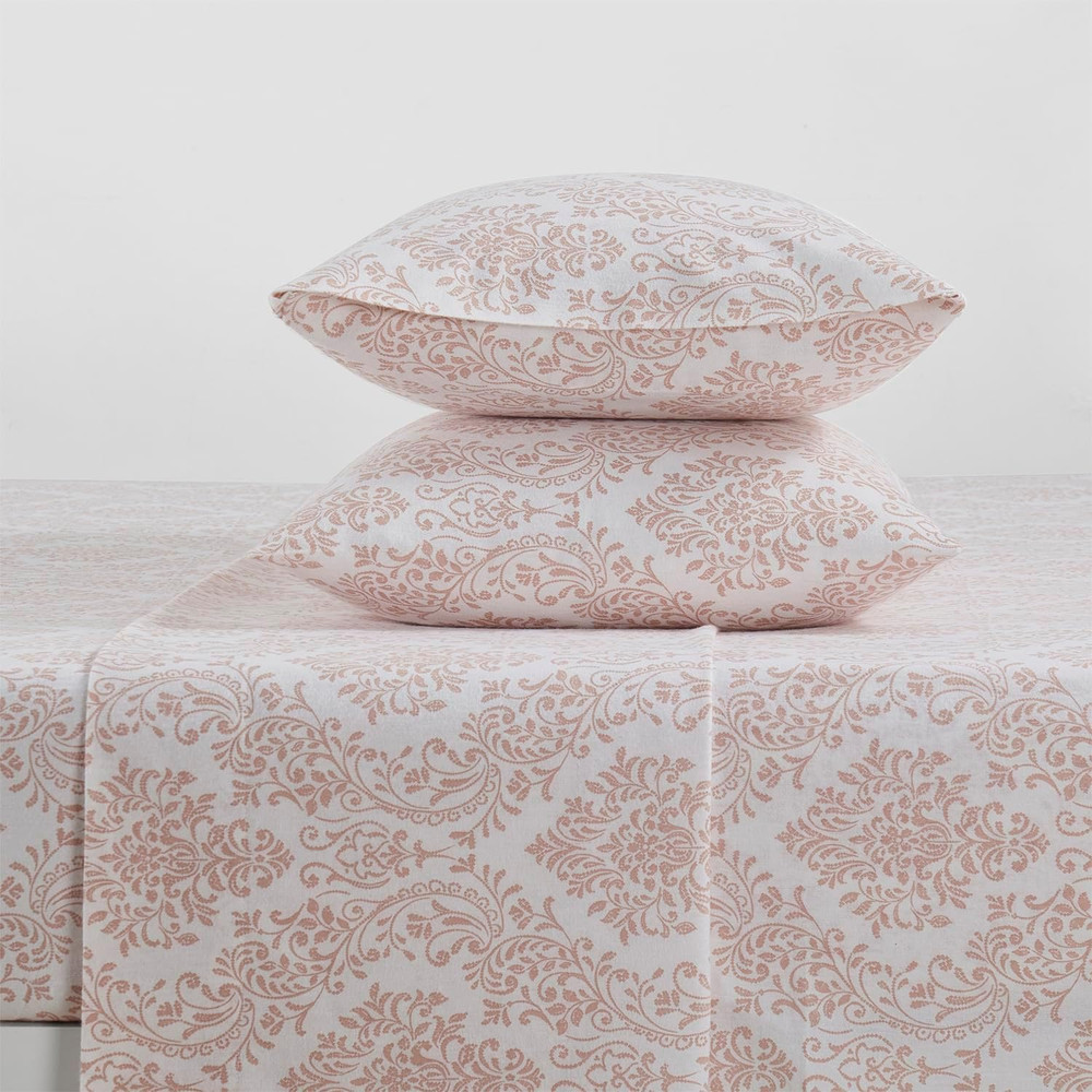 Queen Flannel Sheet Set, Soft Damask Blush Bedding, 4-Piece