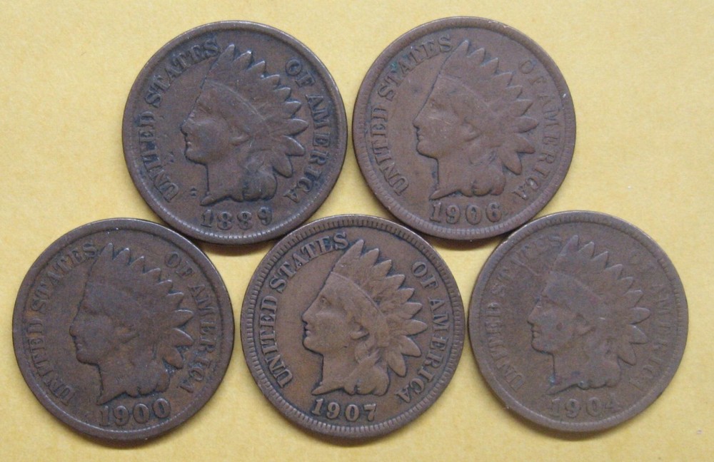 Five Indian Pennies with Five Different Dates--ALL in Good+ Take a Look