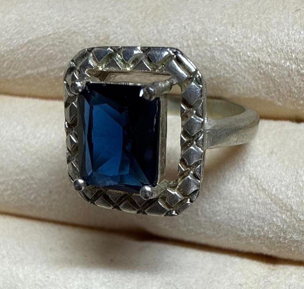 Sterling Silver Ring with Cushion Cut Rectangular Blue Sapphire