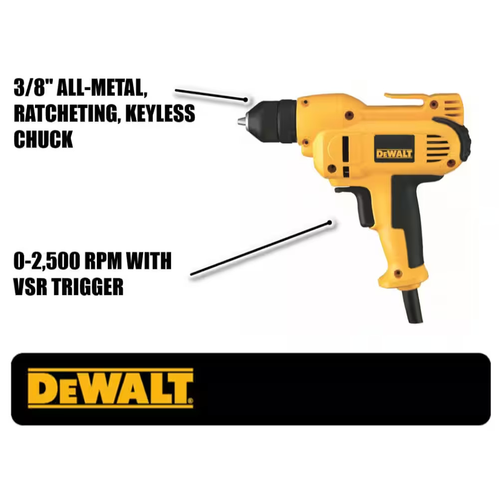 8 Amp 3/8 In. Variable Speed Reversing Mid-Handle Drill Kit with Keyless Chuck