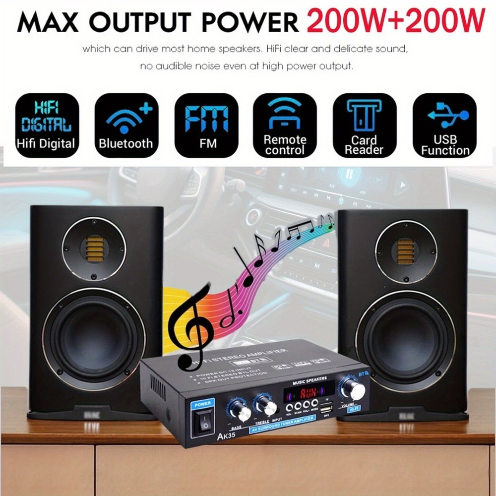 AK35 Stereo Amplifier Home Audio Bluetooth 2.0 Max 200W Power Stereo Receiver US