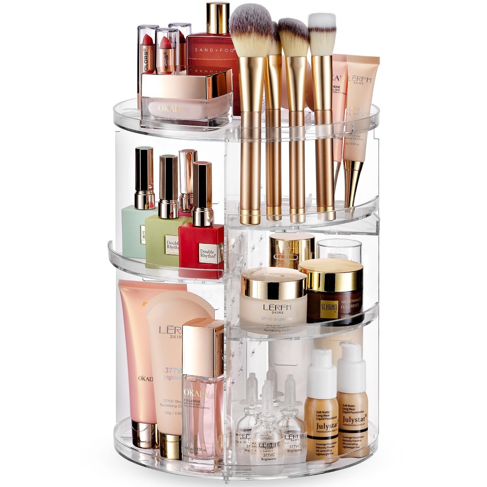 Masirs 360 Rotating Makeup Organizer Countertop - Adjustable Tall, Clear