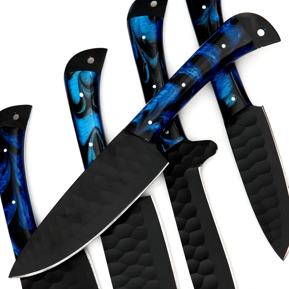 CUSTOM HANDMADE D2 HAMMERED PATTERN 5 PIECES CHEF SET WITH LEATHER CARRYING BAG