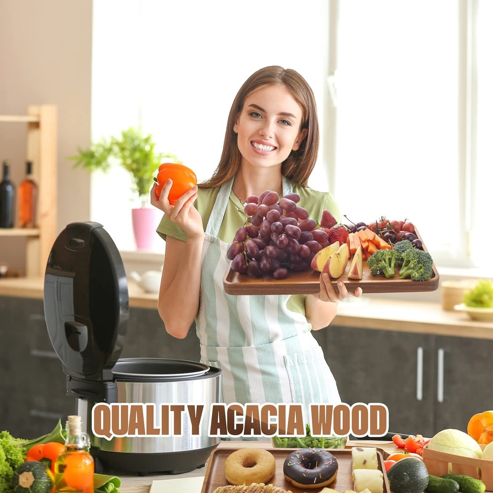 2 PCS Solid Acacia Wood Serving Trays Rectangular Wooden Serving Platters Nat...