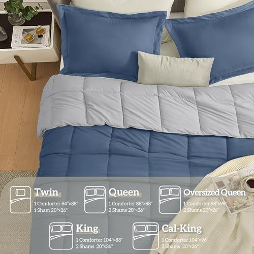 Queen Comforter Set Blue/Grey, Comforters Queen Size Set, Soft Lightweight