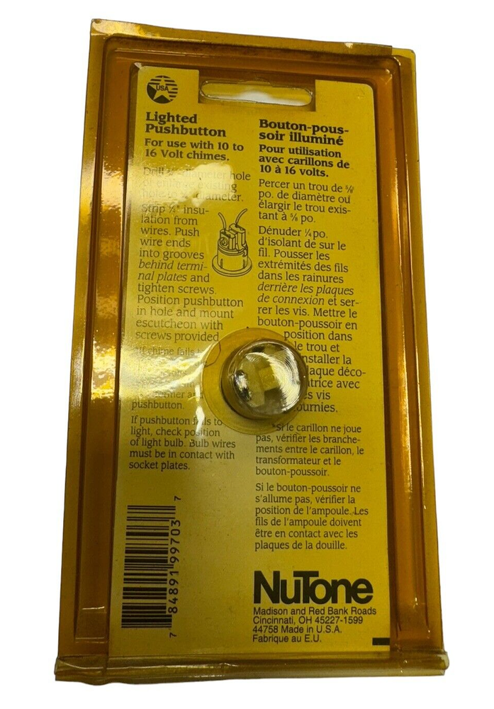 Vintage NuTone PB-29LWH White Pushbutton Lighted Door Bell Solid Brass