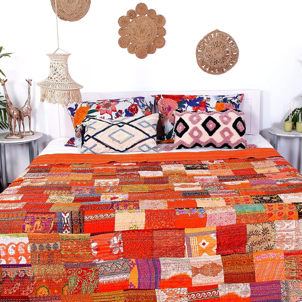 Blanket Multi Quilt Bedding Bedspread Kantha Patchwork Bed Cover Silk Throw