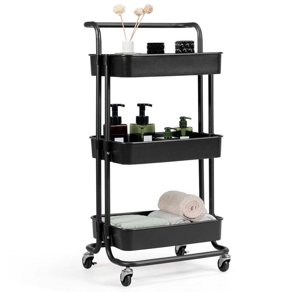 3 Tier Rolling Cart with Wheels Practical Handle & ABS Basket Organizer Black