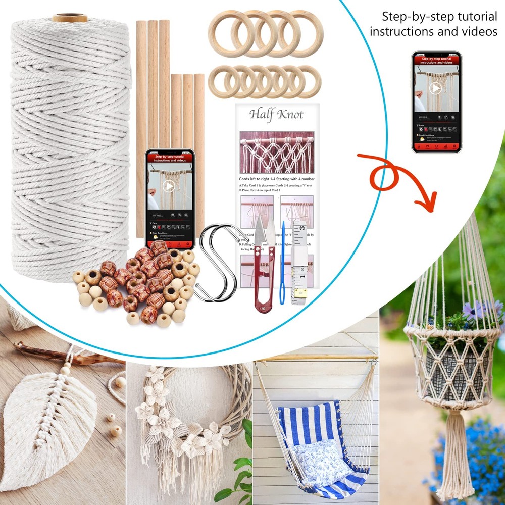 121Pcs Macrame Kit, Macrame Supplies 3mm x 109Yards Macrame Cord for Macrame ...