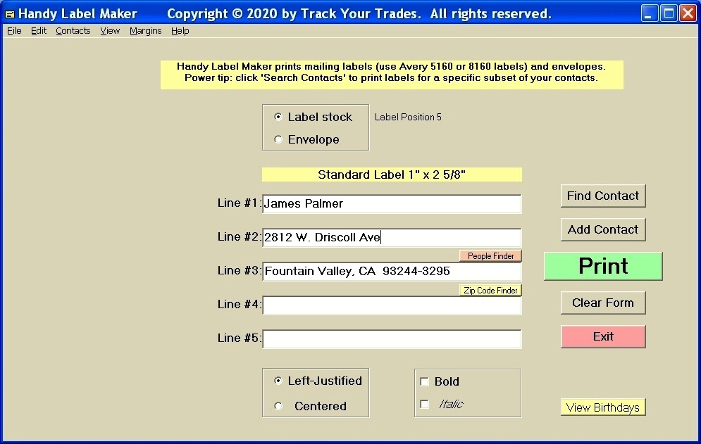 Print mailing labels! Label maker software for Windows. Mail list. Address book.