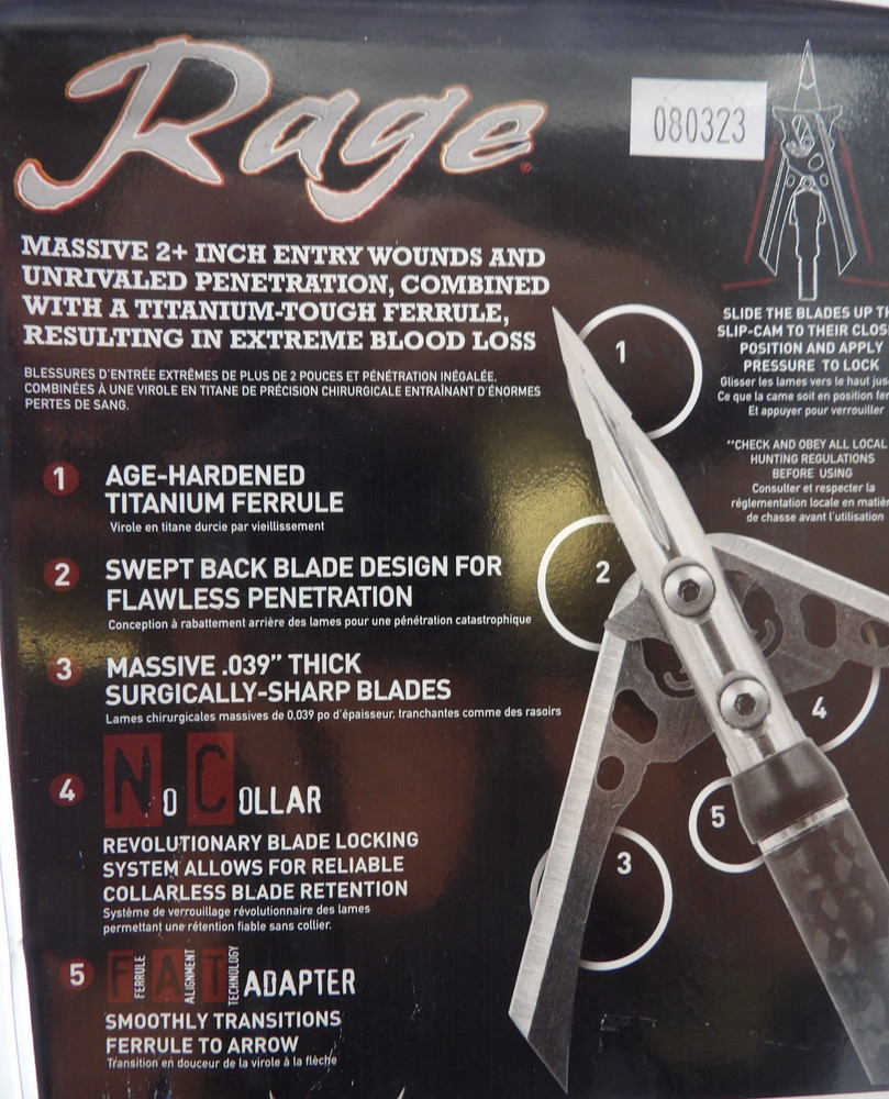 Rage Hypodermic 100 Grain Trypan No Collar Tip 3-Pack Archery Hunting - Open Pkg