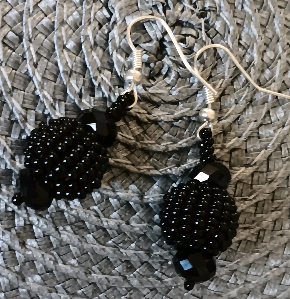 Seed Bead Hand Beaded & Facested Black Bead Hook Earrings