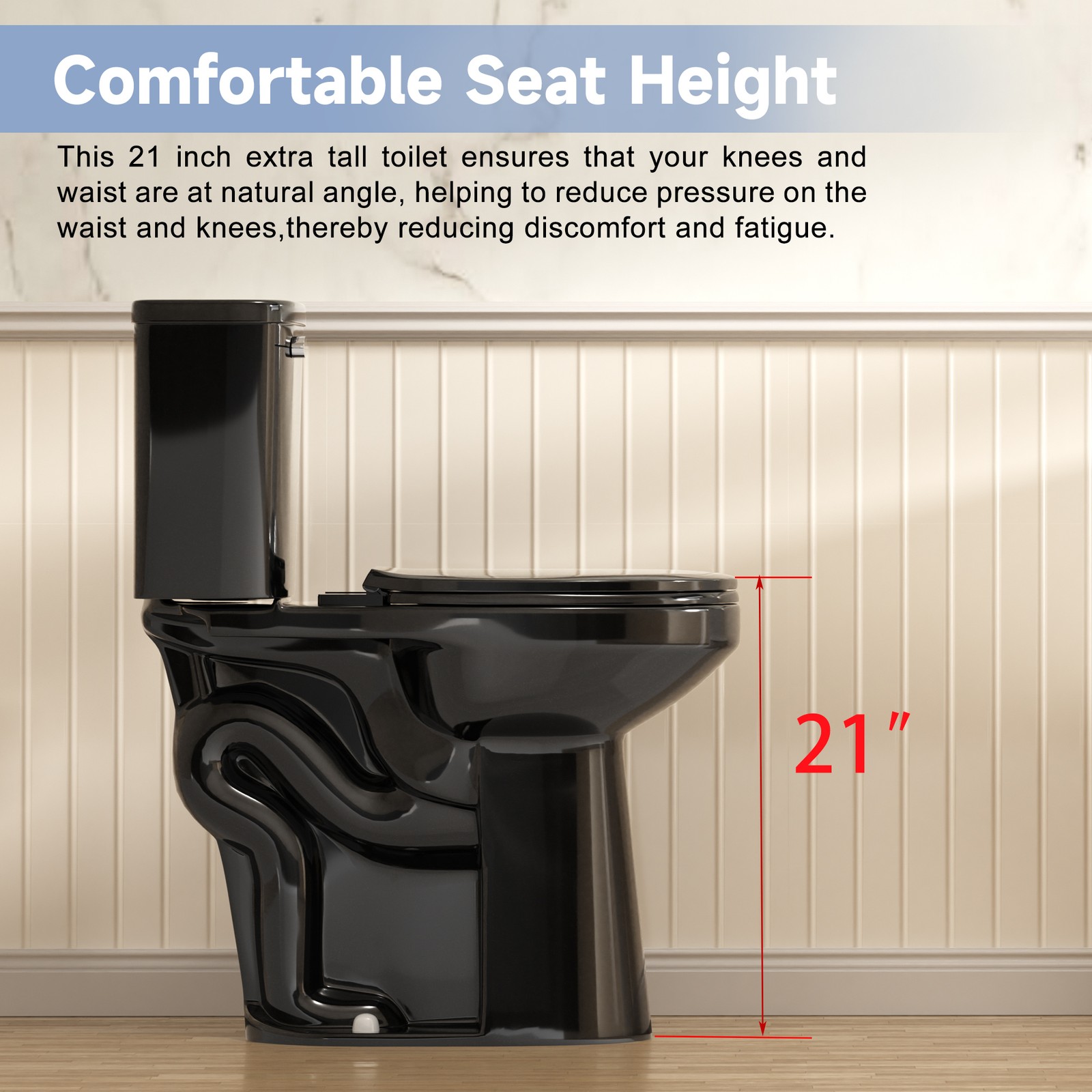 21" Extra Tall Elongated Two Piece Toilet 1.28 GPF for Seniors Tall Person Black