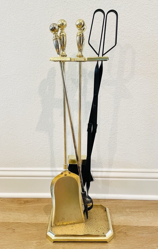 Vintage Brass/Cast Iron Heavy Solid 5-Piece Fireplace Tool & Stand Set