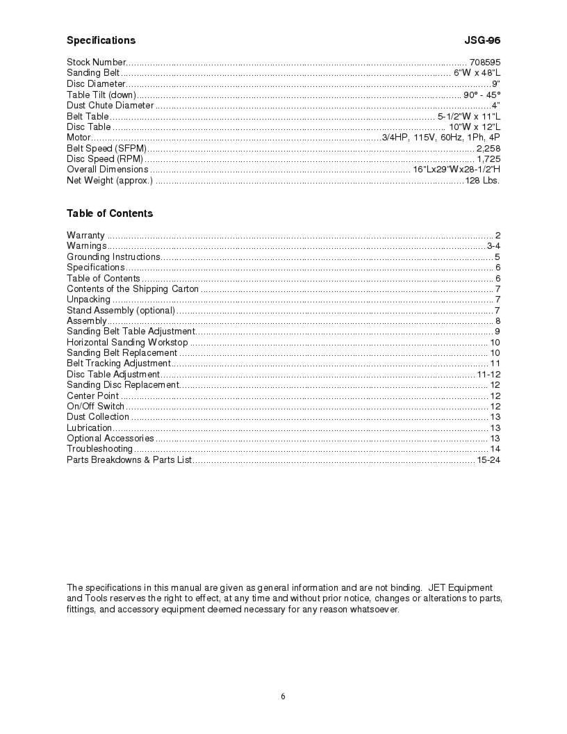 Jet JSG-96 Benchtop Disc/Belt Sander Owners Manual *195