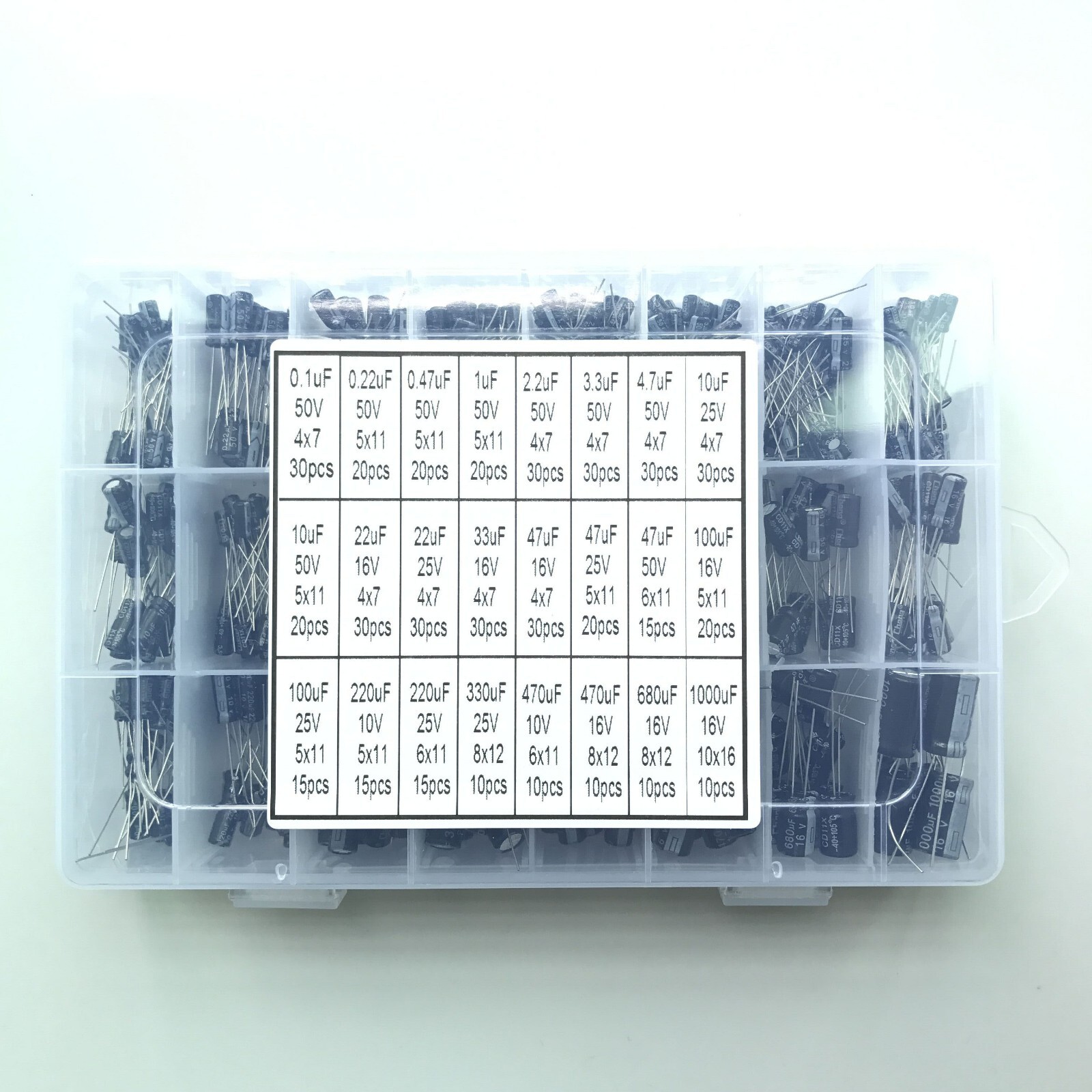 500pc Radial Electrolytic Capacitor Assortment Kit 24 Value 0.1uF-1000uF 10V-50V