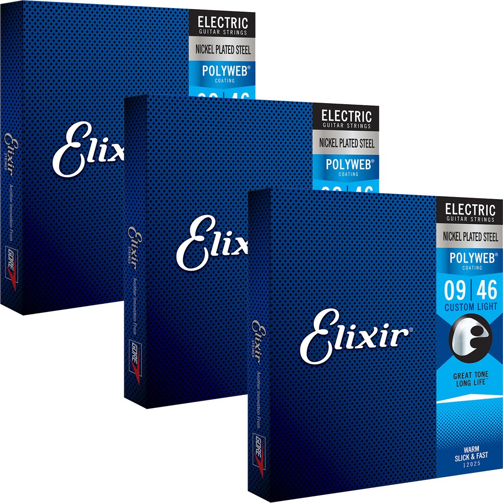 3 Sets Elixir 12025 POLYWEB Electric Guitar Strings, Custom Light 9-46