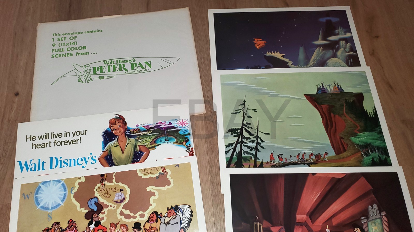 Disney PETER PAN (R1976) - Vintage 11x14 lobby card set 9 + orig envelope NICE!