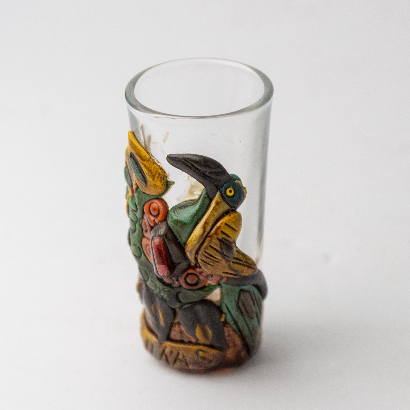Vintage Honduras 3D Sculpted Shot Glass Set - Toucan & Mayan Chieftain Set of 2