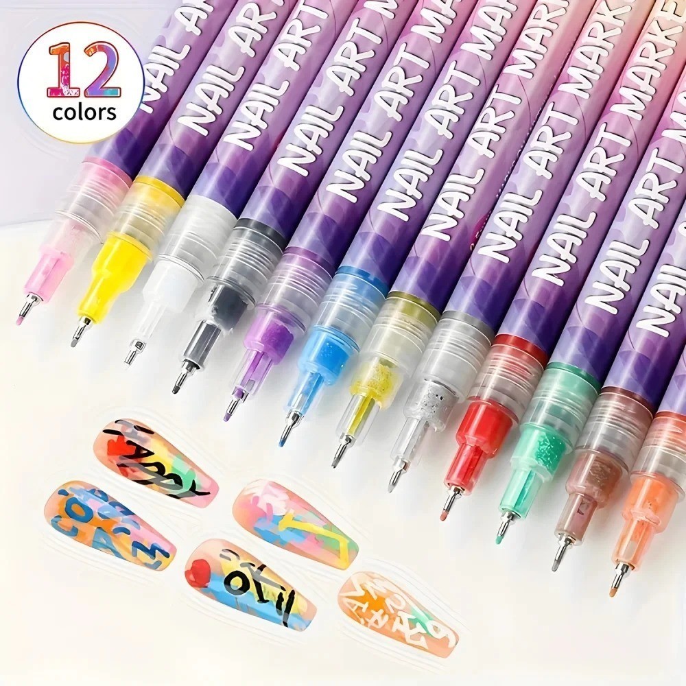 12 Colors Nail Art Pens Set Waterproof 0.5MM Nail Polish Pens Quick-Drying Nail