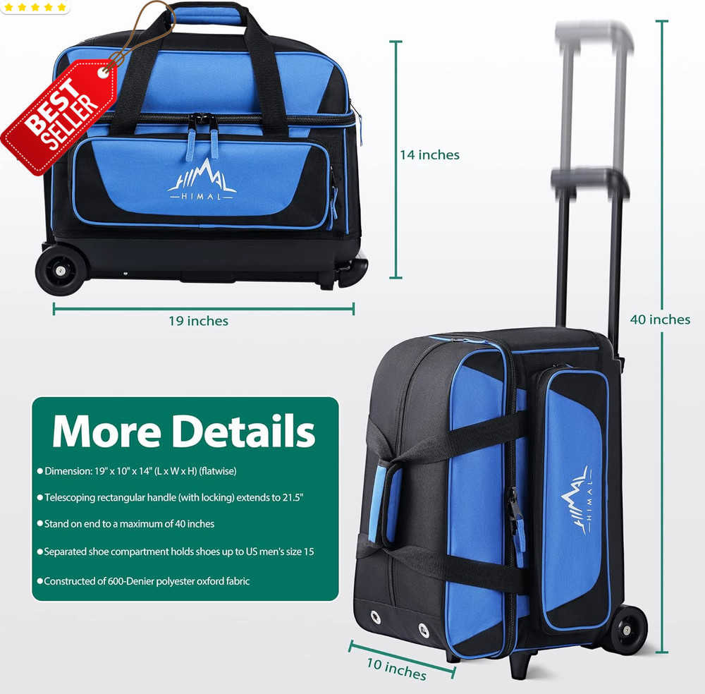 Double Roller 2 Ball Bowling Bag Shoe Compartment Retractable Handle US