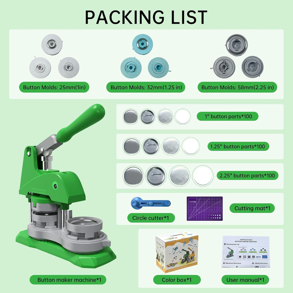 Button Maker Machine 3 Sizes, DIY Pin Making Machine 1+1.25+2.25 Inch, Interchan