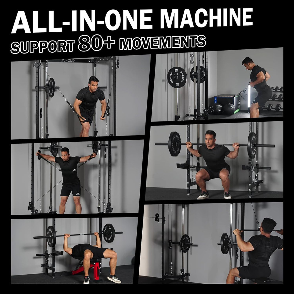 Mikolo Folding Squat Rack, Wall Mounted Power Rack with Cable Crossover Machine