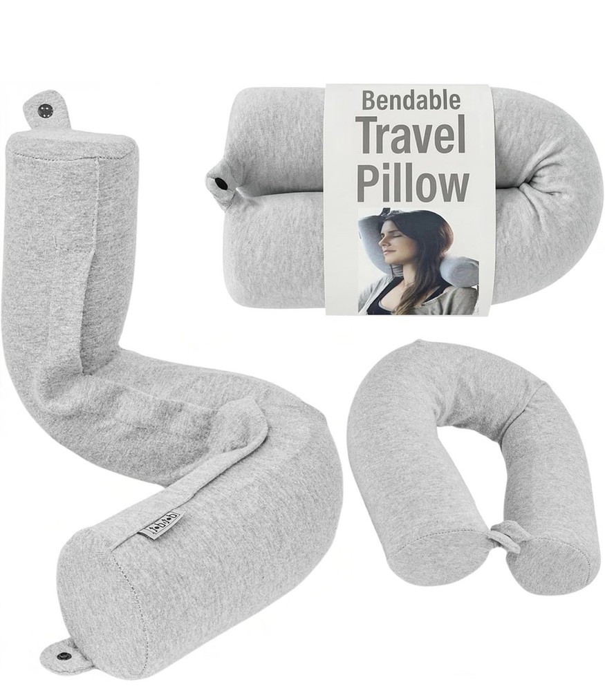 Dot&Dot Bendable Memory Foam Travel Pillow Gray Neck Support Snap Closure