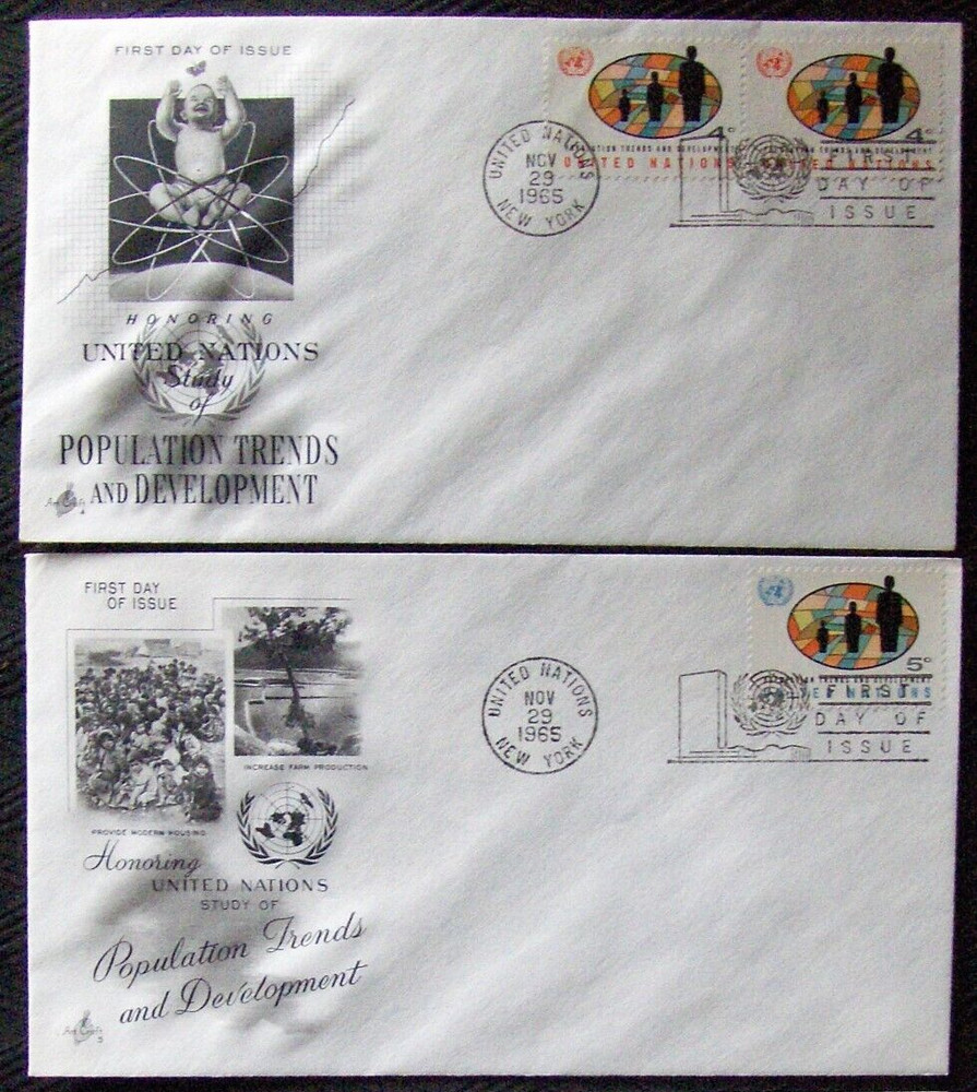 UN 2 different FDC  POPULATION TRENDS and DEVELOPMENT, NY  1965.