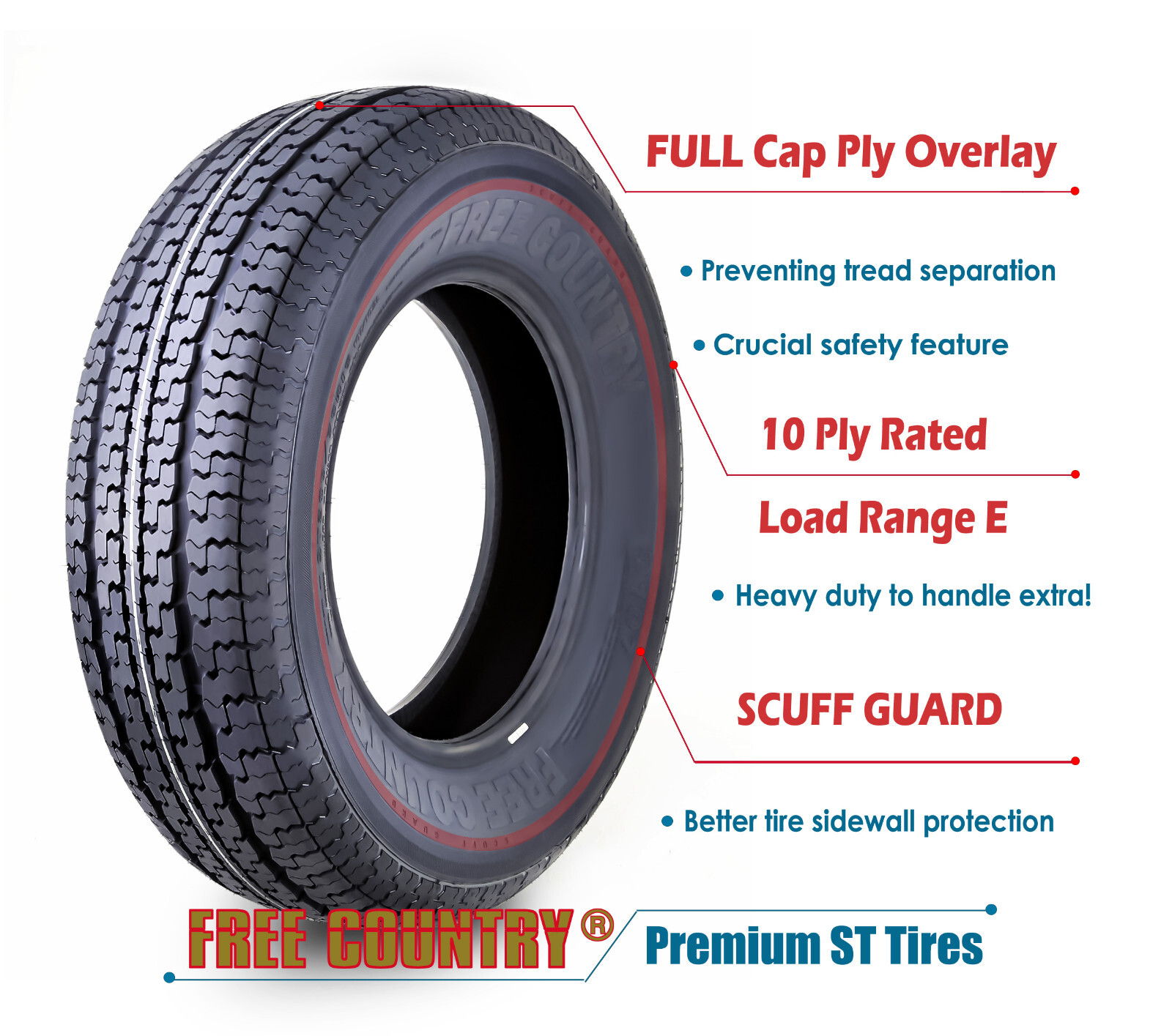 2 HD Free Country Radial Trailer Tire ST205/75R15 10 Ply LR E w/Scuff Guard