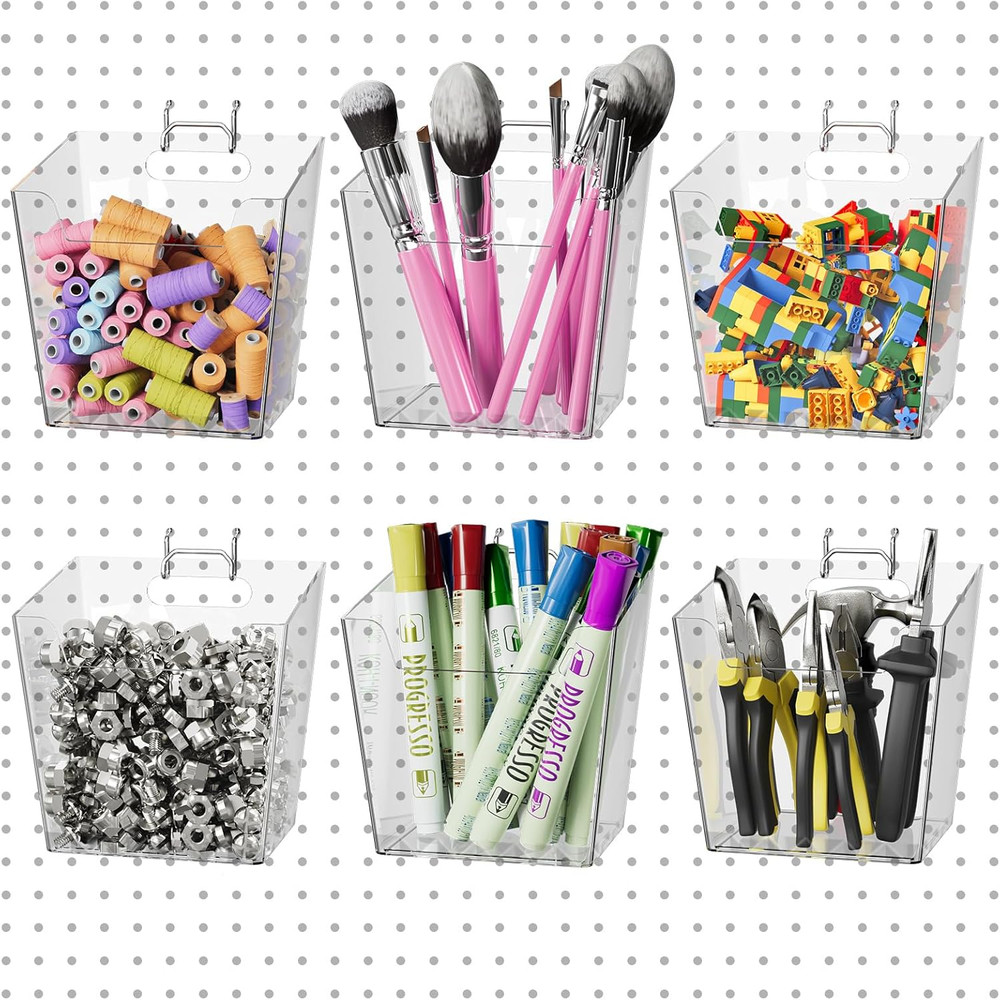 G.CORE Large Pegboard Cups Peg Board Storage Bin 6 Pack with Hooks, Square Box S