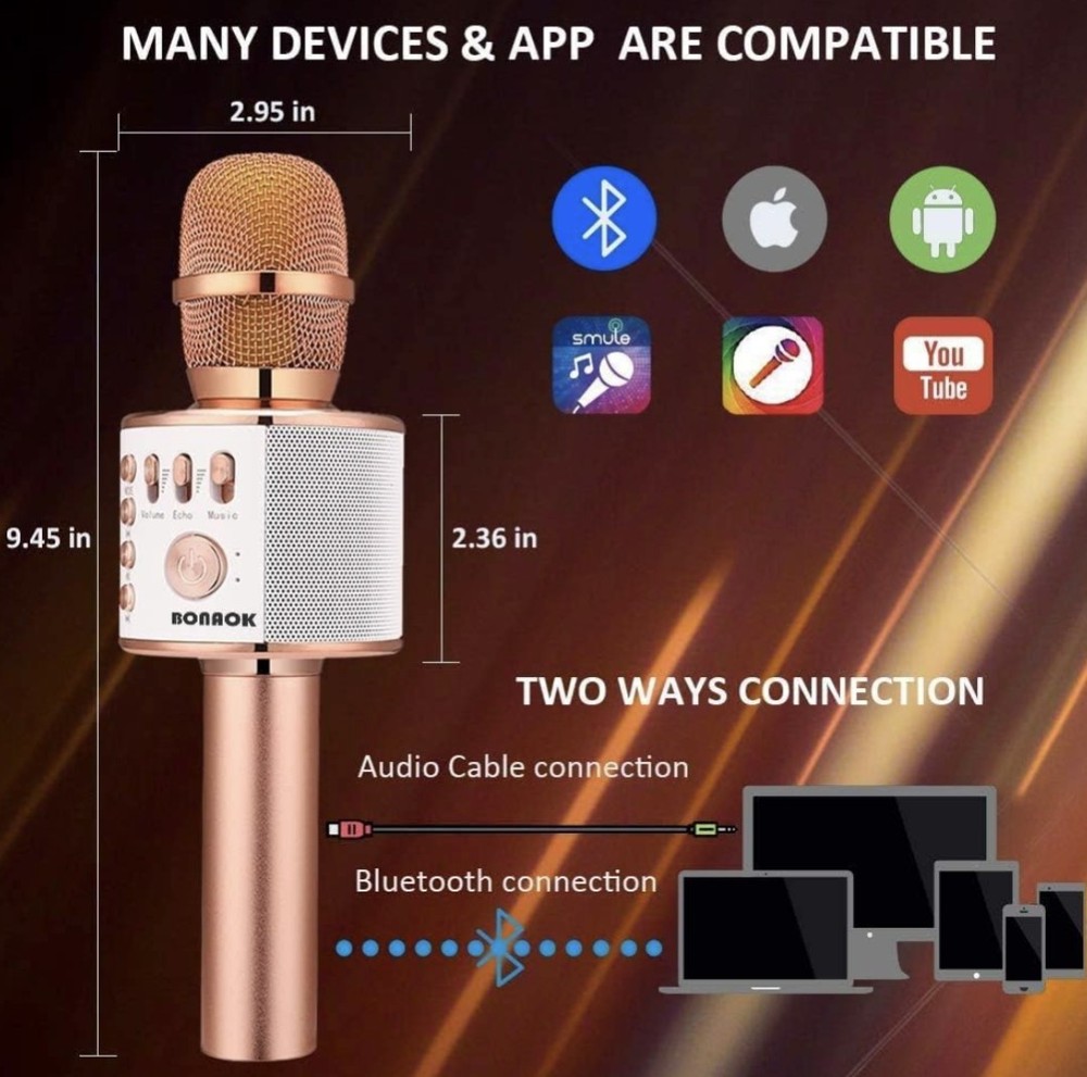 NEW BONAOK Bluetooth Karaoke Wireless Microphone Rose Gold Speaker Machine