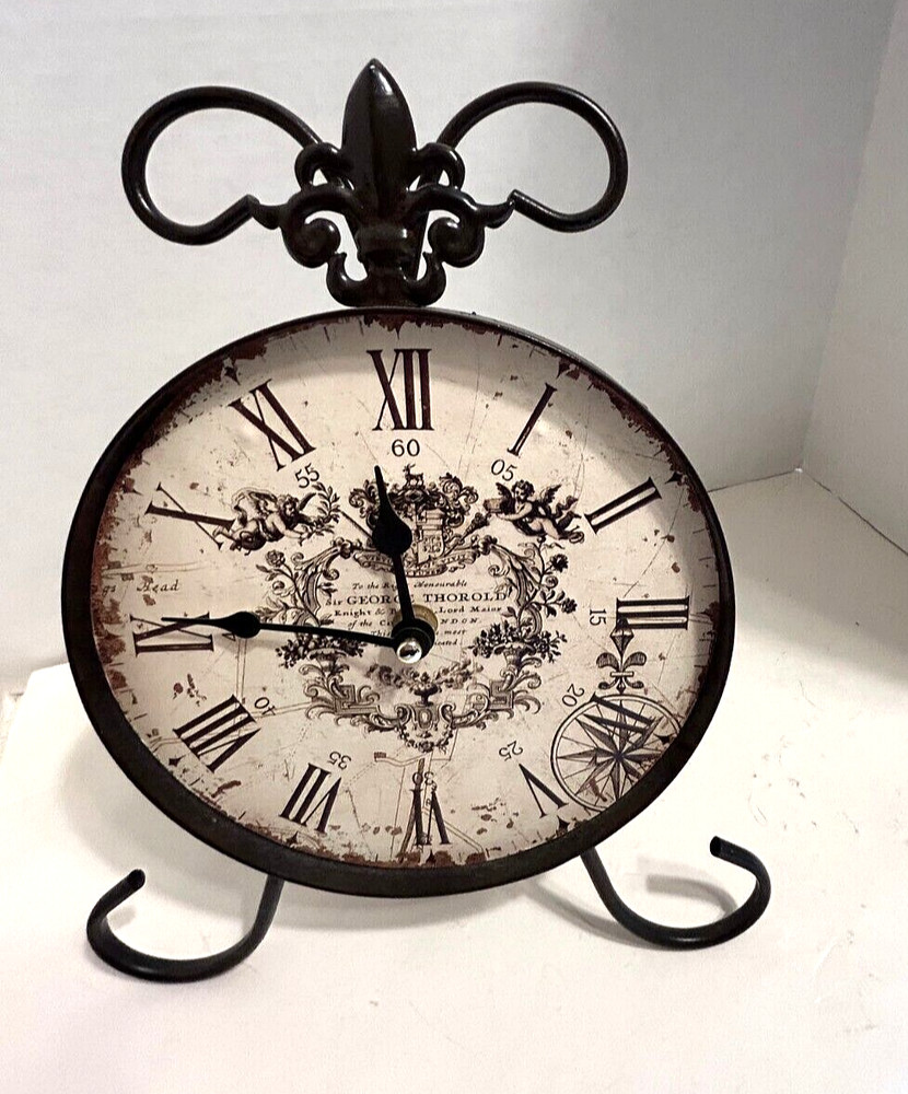 Clock, Round, Wrought Iron Rustic Look, Table Clock 11 1/2" Tall. A battery