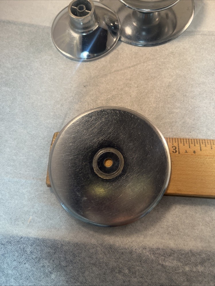 4 Vintage Shiny 1960s AJAX Chrome Beveled Concave 2" Round Knobs & Back Plates