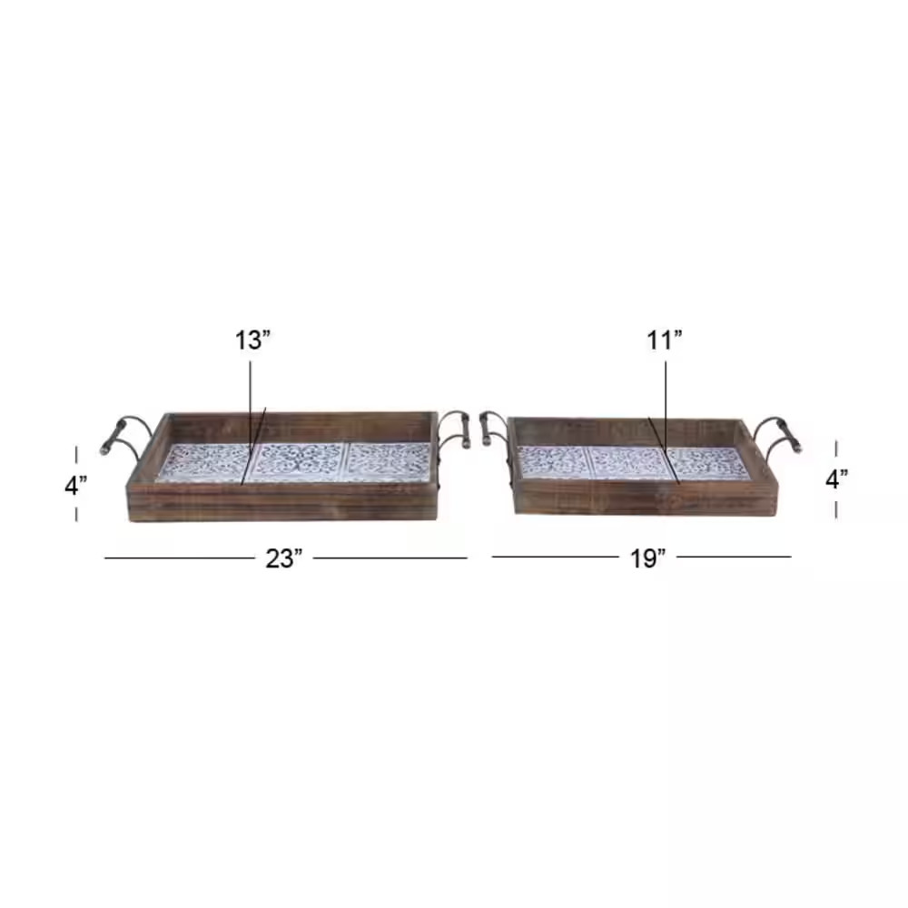 Brown Wood Decorative Tray with Tile Patterns (Set of 2)