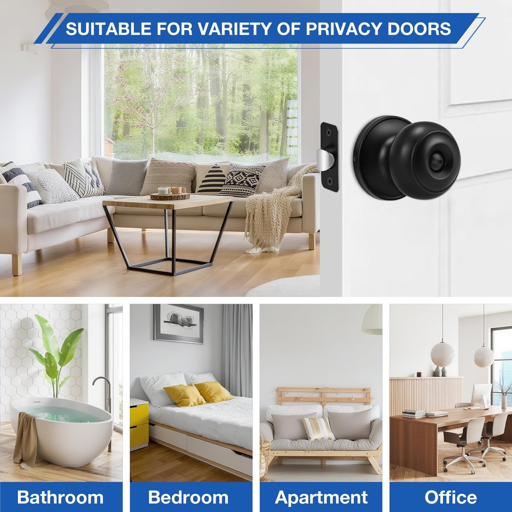 Plustool 6 Pack Matte Black Door Knobs, Privacy Knob with