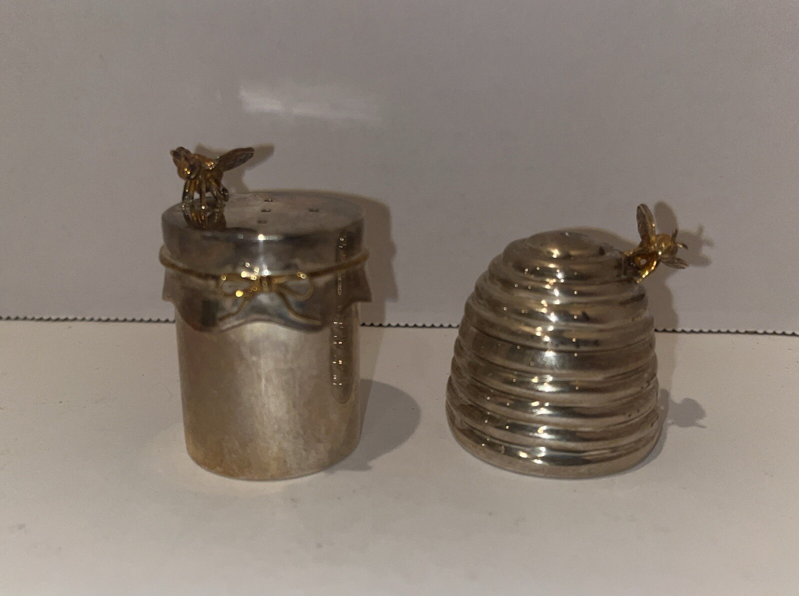 Thistle & Bee Sterling Silver Beehive Salt & Pepper Shakers Rare