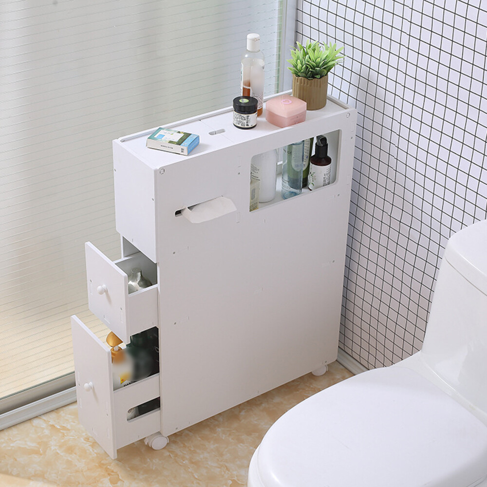 Slim Bathroom Storage Cabinet Floor Standing Toilet White Narrow Cupboard Shelf