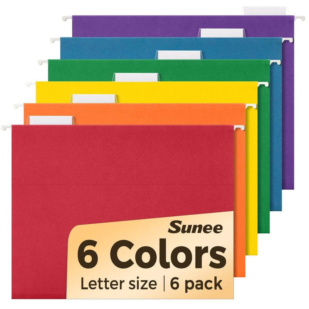 SUNEE Hanging File Folders, 6 Pack Letter Size No Expansion, Assorted