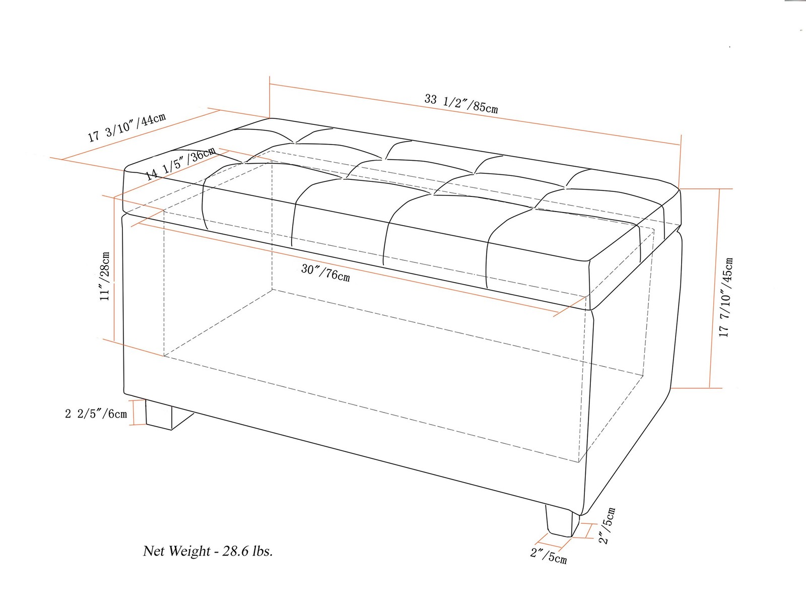 Cosmopolitan Storage Ottoman - 34 inch Wide Upholstered Vegan Leather Rectang...